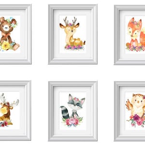 DIGITAL FILE Set of 6 Nursery Decor, Nursery Wall Art, Baby Woodland Forest Animals Boho Art Wall Prints