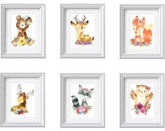 Set of 6 Nursery Decor, Nursery Wall Art, Baby Woodland Forest Animals Boho Art Wall Prints