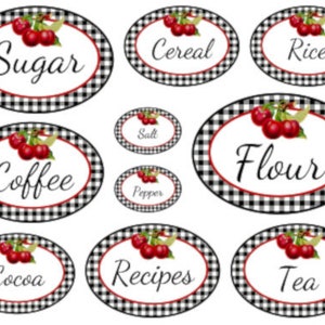 May include: Set of 10 black and white gingham oval-shaped labels with red cherries and white text. The labels include: Sugar, Cereal, Rice, Flour, Coffee, Salt, Pepper, Cocoa, Recipes, and Tea.
