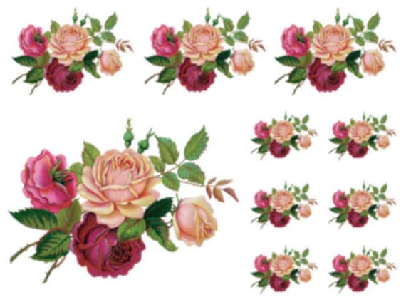 Vintage Image Victorian Shabby Red Cabbage Roses Furniture Transfer Decals FL499
