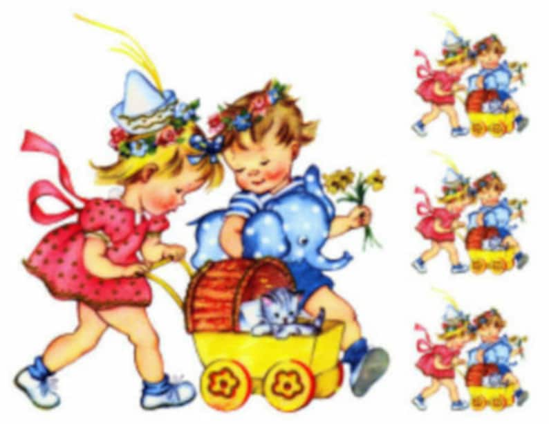 Vintage Image Retro Boy And Girl Baby Carriage Kitten Transfers Waterslide Decals KID422