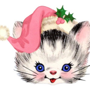 Vintage Retro Shabby Kitten Head Pink Christmas Hat Digital Download — Printable Ephemera