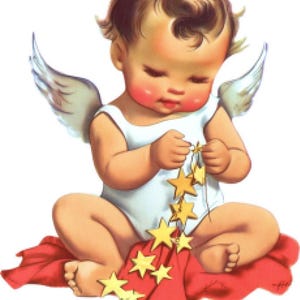 Vintage Christmas, Retro Angel Baby Holding String of Stars, Farmhouse Decor, Art Sign and Print, Digital Download