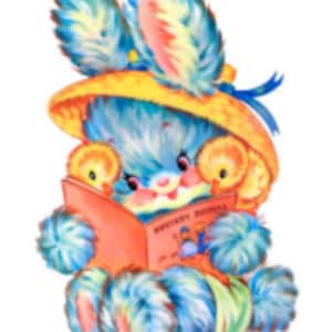 Vintage Image Shabby Retro Baby Blue Bunny Reading Furniture Transfers Waterslide Decals AN532