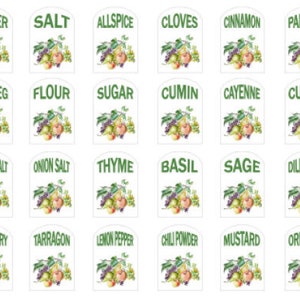 May include: Set of 18 spice jar labels with green and white backgrounds. Each label features a different spice name, such as pepper, salt, allspice, cloves, cinnamon, paprika, nutmeg, flour, sugar, cumin, cayenne, curry, garlic salt, onion salt, thyme, basil, sage, dill weed, rosemary, tarragon, lemon pepper, chili powder, mustard, and oregano. Each label also features a colorful illustration of fruits and vegetables.
