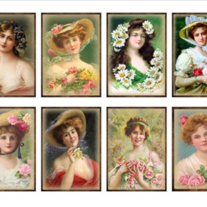 May include: Eight vintage-style portraits of women, each framed in a dark wood-tone. The women are depicted in various poses, some holding flowers or wearing floral adornments. The color palette is soft, with pastel tones.