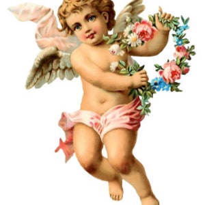 May include: A vintage illustration of a cherubic angel with curly blonde hair, blue eyes, and feathered wings. The angel is holding a floral wreath of pink roses, white daisies, and blue flowers, with a pink and white cloth draped around the waist.