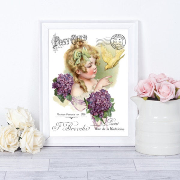 Vintage Image Victorian Girl Canary French Advertising Decor Wall Art Print~Giclee Unframed