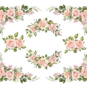 Shabby Pastel Watercolor Blush Roses, Corners, Swags, Transfers Waterslide Decals FL569