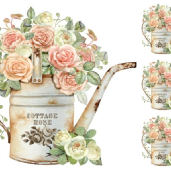 Watercolor Shabby Roses In Vintage Rustic Watering Can Waterslide Decal FL565