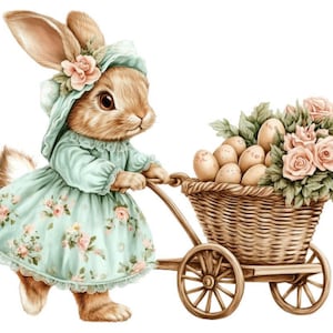 Vintage Easter Bunny Wearing Dress, Eggs, Roses, Wooden Cart, Transfers Waterslide Decals Transfers EAS315