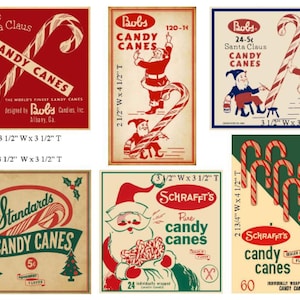 Pode incluir: Uma coleção de anúncios vintage de bengalas de doces. Os anúncios apresentam o Papai Noel, elfos e bengalas de doces. A paleta de cores inclui vermelho, branco, verde e bege. Alguns anúncios incluem texto como "Candy Canes" e "Santa Claus".