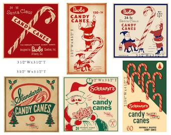 Étiquettes vintage rétro en canne de Noël, menthe poivrée, étiquettes pour bocaux et boîtes en fer blanc, décoration champêtre, bricolage rustique, téléchargement numérique