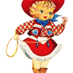 May include: A girl dressed as a cowgirl wearing a red hat, red and blue plaid shirt, red skirt with white fringe, blue neckerchief, and brown cowboy boots. She is holding a lasso.