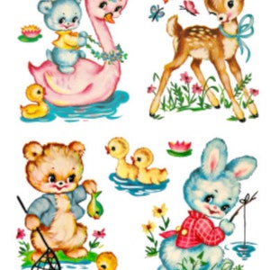 Vintage Image minable rétro chambre de bébé bébés animaux cygne, cerf, ours, lapin transferts décalcomanies pour toboggan aquatique ~ AN583