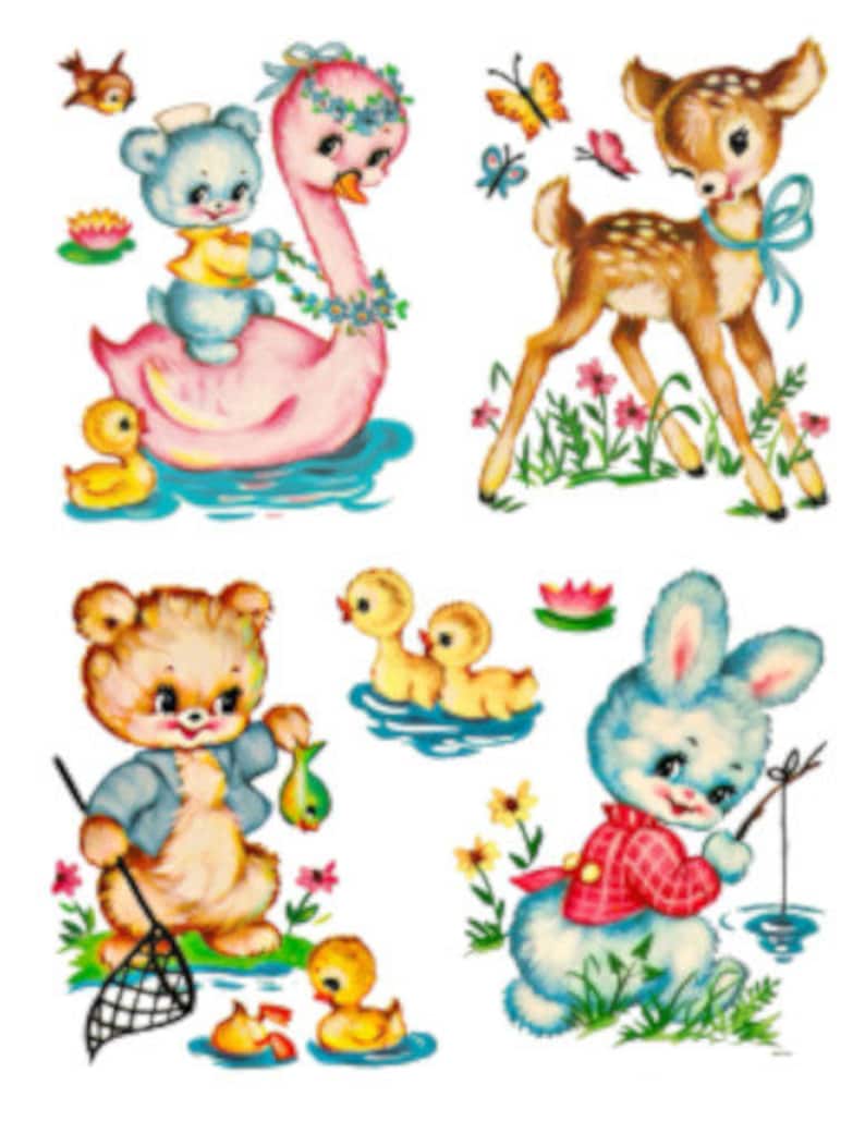 Vintage Image Shabby Retro Nursery Baby Animals Swan Deer Etsy
