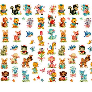 May include: A sheet of colorful vintage-style stickers featuring various animals and floral elements. The stickers include bears, squirrels, skunks, elephants, cats, ducks, bunnies, deer, birds, giraffes, lambs, donkeys, and dogs. The stickers are in a variety of colors.