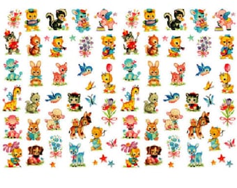 Vintage Image Shabby Retro Nursery Baby Animals Swan, Deer, Bear