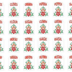 May include: A set of 24 spice jar labels with floral designs and the names of various spices, including allspice, cloves, cinnamon, paprika, pepper, salt, nutmeg, flour, sugar, cumin, cayenne, curry, garlic salt, onion salt, thyme, sage, basil, dill weed, rosemary, tarragon, lemon pepper, chili powder, mustard, and oregano.