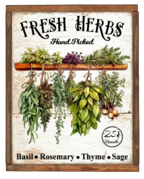 Grunge Wood Background Fresh Herbs, Gardening, Country Herb Art