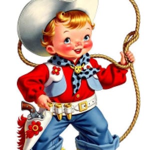 Vintage Image Nursery Retro Little Boy Cowboy Transfers Waterslide Decals KID479