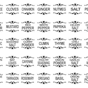 May include: A collection of black and white spice labels with various names like "Allspice," "Cinnamon," and "Garlic Salt." Each label has a decorative border. Ideal for organizing a spice rack.