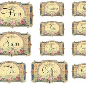 May include: Set of 10 vintage-style printable labels with floral designs and gold accents. The labels feature the words "Flour", "Sugar", "Tea", "Coffee", "Crackers", "Rice", "Pasta", "Beans", "Snacks", and "Recipes".