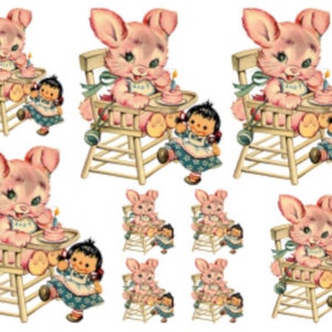 Vintage Nursery Baby Pink Bunny In Highchair Waterslide Decals AN504 E - Assorted Sizes