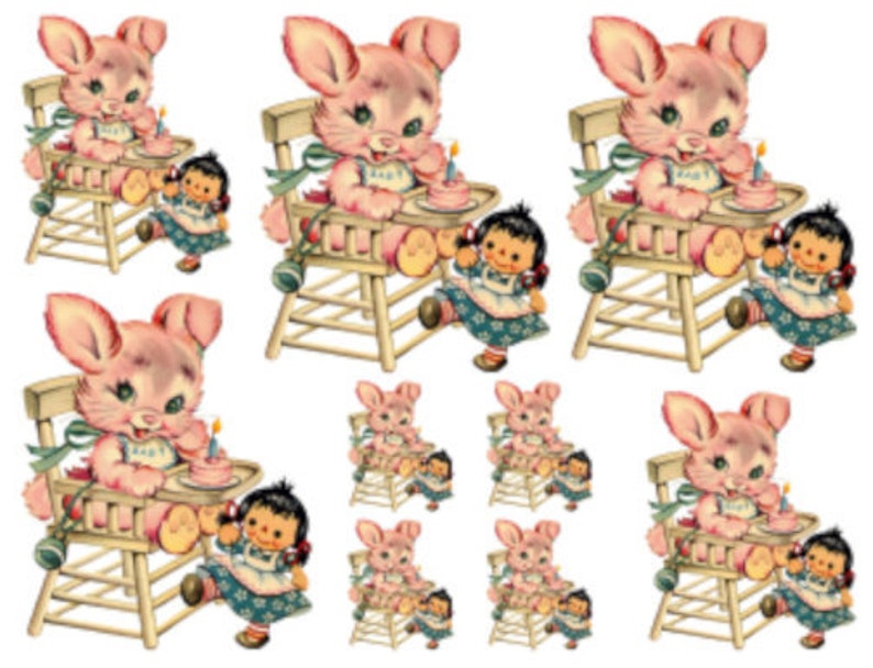 Vintage Nursery Baby Pink Bunny In Highchair Waterslide Decals AN504 E - Assorted Sizes