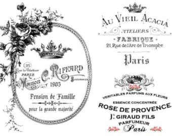 Könnte beinhalten: Schwarzweißes Vintage-Etikettendesign mit einer Krone, floralen Akzenten und dem Text "Au Vieil Acacia Ateliers Fabrique 21. Rue de l'Arc de Triomphe Paris" und "Veritables Parfums Aux Fleurs Rose de Provence Essence Concentree J. Giraud Fils Parfumeur Paris".
