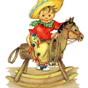 Vintage Image Retro Nursery Little Cowboy Riding Horse Transfers Decals KID597