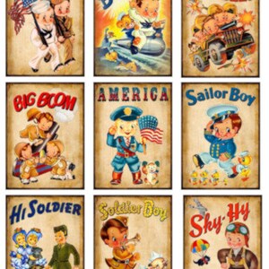 May include: Nine vintage-style prints with military and patriotic themes. Each print features cartoon characters in military uniforms, with text like "Sailor," "Soldier," "America," and "Sky-Hy." The prints have a distressed, aged appearance, with a sepia-toned background.
