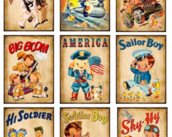 9 Vintage Grunge Children Military Patriotic Army Sheet ATC ACEO / Retro Children Digital Collage Sheet Tags Imágenes—Printable Ephemera