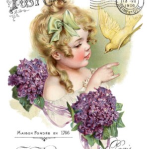May include: A vintage postcard featuring a young girl with blonde hair and a green bow, holding a bouquet of purple flowers. A yellow bird flies above her, and the text "POST CARD" is at the top. The bottom of the card reads "Maison Fondée en 1766 F. Brocchi Rue de la Madeleine Paris".