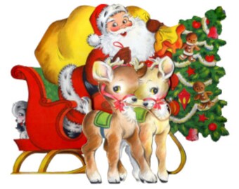 May include: A vintage Christmas illustration of Santa Claus in a red sleigh pulled by two reindeer. Santa is wearing a red suit with a white trim and a white beard. He is holding a bag of gifts. The reindeer are brown with white spots and are wearing red harnesses. The sleigh is decorated with green garland and red bows. There is a Christmas tree in the background.