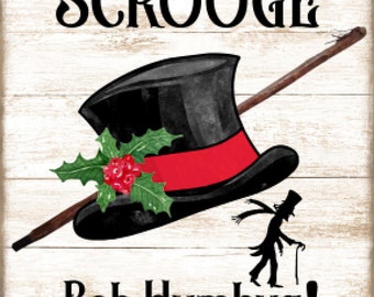 Vintage houten achtergrond Kerstmis, Ebenezer Scrooge, Hoge Hoed en Riet, Hulst, Land, Boerderij Decor, Art Sign en Print, Digitale Download