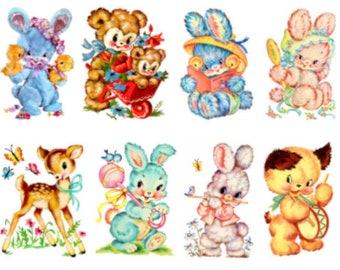 Vintage Image Retro Nursery Baby Animal Assortment Transfers