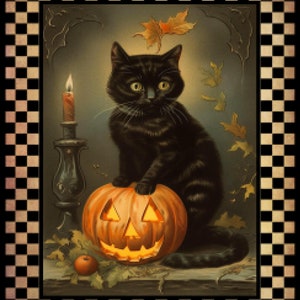 Vintage Grunge Rustic Primitive Halloween, Black Cat, Pumpkin, Autumn Leaves, Candle, Country Art Sign and Print Digital Download