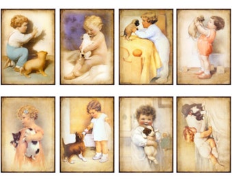8 Vintage Grunge Vintage Toddler Children Dogs ATC ACEO / Digital Collage Sheet Tags Imágenes—Printable Ephemera
