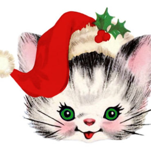 Vintage Retro Shabby Kitten Head Red Christmas Hat, Green Eyes Digital Download — Printable Ephemera