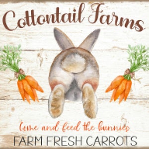 Puede incluir: Un letrero de madera blanco con el texto "Cottontail Farms" en letras marrones. Una ilustración de acuarela del trasero de un conejo con una cola esponjosa está en el centro del letrero. Dos racimos de zanahorias con hojas verdes están a cada lado del conejo. El texto "Come and feed the bunnies FARM FRESH CARROTS" está en la parte inferior del letrero.