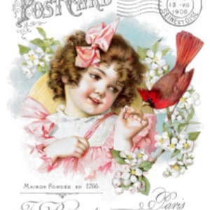 May include: A vintage postcard featuring a young girl with a red bow in her hair, holding a red cardinal bird. The postcard is decorated with white flowers and has the text "POST CARD" at the top and "F. Brocchi Rue de la Madeleine Paris" at the bottom.
