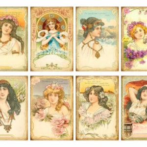May include: A collage of eight vintage postcards featuring women in various poses and settings. Each postcard has a decorative border and features a woman with flowers in her hair.