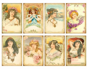 8 Vintage Grunge Art Noveau Donne Collage Foglio ATC ACEO / Art Deco Donne Collage Foglio Tag Immagini—Stampabile Ephemera
