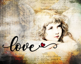 Vintage Grunge Background Farmhouse, Love Angel, Hearts, Valentine, Cupid, Country Decor, Art Sign et Print Digital Download