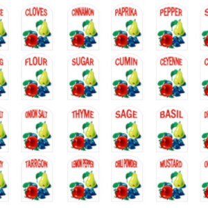 May include: Set of 24 spice jar labels with colorful illustrations of pears, tomatoes, and blueberries. Each label features a different spice name in red text, such as Allspice, Cloves, Cinnamon, Paprika, Pepper, Salt, Nutmeg, Flour, Sugar, Cumin, Cayenne, Curry, Garlic Salt, Onion Salt, Thyme, Sage, Basil, Dill Weed, Rosemary, Tarragon, Lemon Pepper, Chili Powder, Mustard, and Oregano.