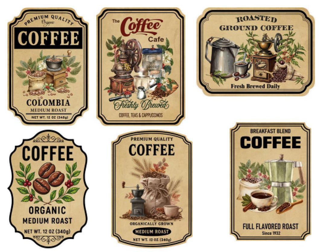 Rustic Coffee Labels Vintage Grunge Background Farmhouse Coffee Labels for Jars and Tin ...