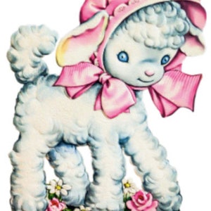May include: A blue and white lamb wearing a pink bonnet and bow. The lamb is standing on a green background with pink flowers.