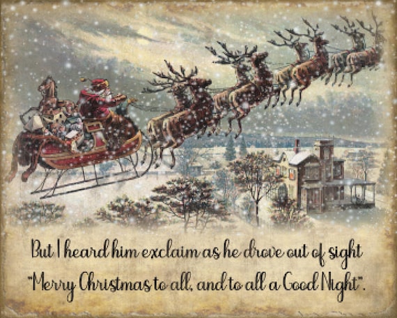 Grunge Primitive Night Before Christmas, Santa Claus, Reindeer, Sleigh, Art Prints, Vintage Signs, Country Home Decor, Digital Download