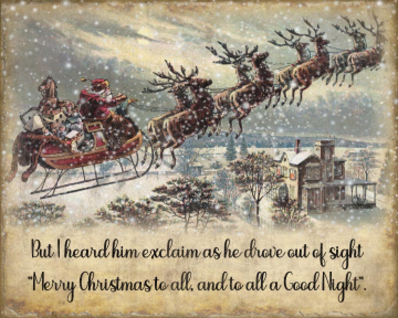 K&ouml;nnte beinhalten: Vintage Weihnachts-Illustration von Santa Claus in einem Schlitten, der von Rentieren gezogen wird, die &uuml;ber eine verschneite Stadt fliegen. Der Text lautet "Aber ich h&ouml;rte ihn rufen, als er aus dem Blickfeld verschwand 'Frohe Weihnachten an alle, und allen eine gute Nacht'."